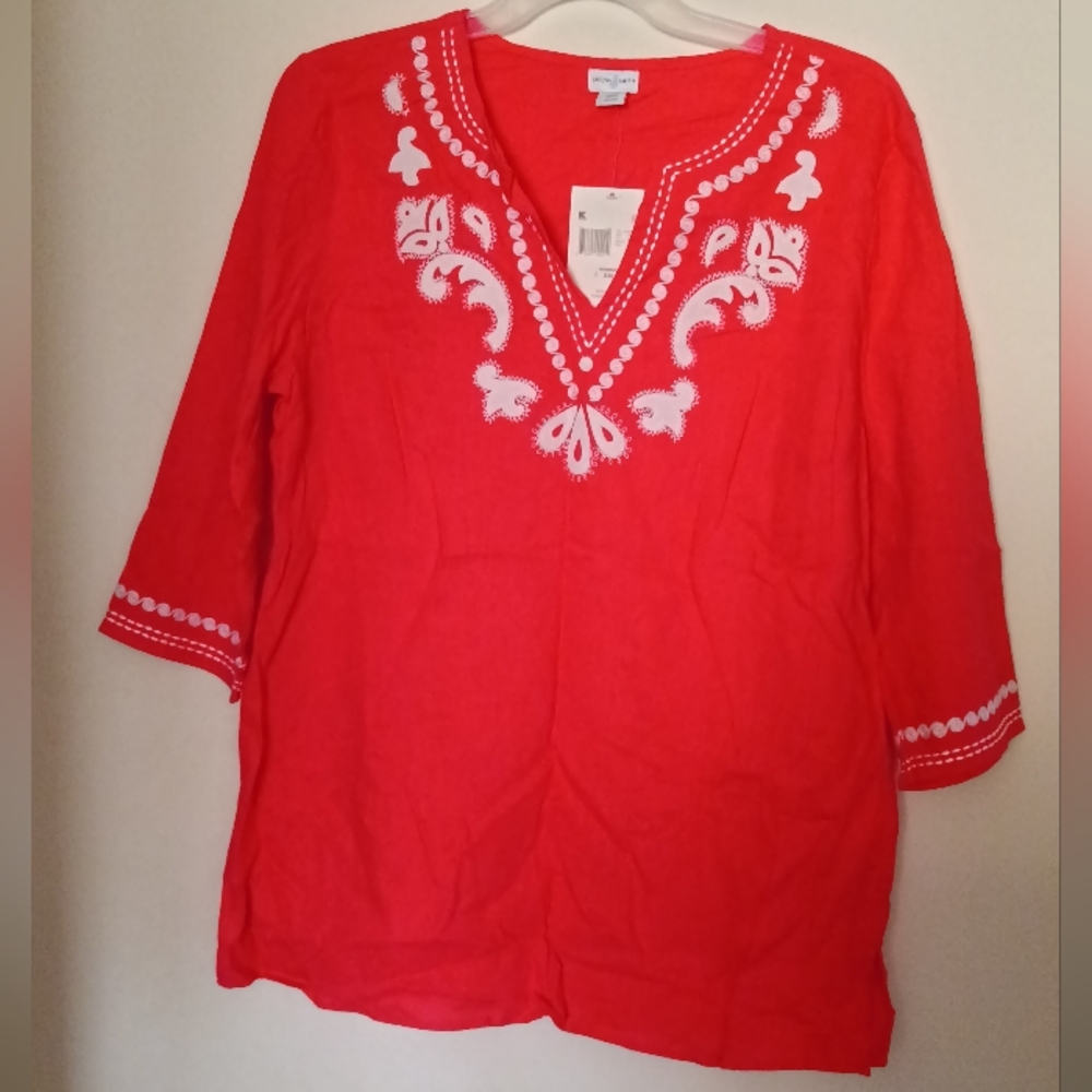 Jaclyn Smith Red Embroidered Tunic with Tunic Sleeves